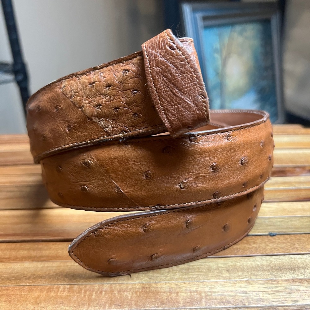 GW Mens 38 Genuine Ostrich Leather Belt Cognac Brown Full Quill Made in USA